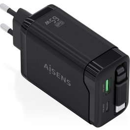 Aisens Cargador GaN 65W con Cable Retráctil USB-C y 3 Puertos, Negro